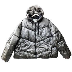 Ava Viv Puffer Jacket Short 1X Plus Winter Hood Coat Faux Fur Full Zip Gray Cozy